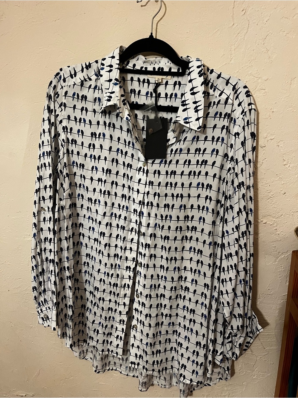 Jane and Delancey White Button-Down Shirt with Navy Bird Print